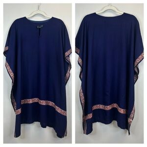 Vintage Navy Blue Kaftan Poncho Red and white Pattern trim bat wing sleeves
